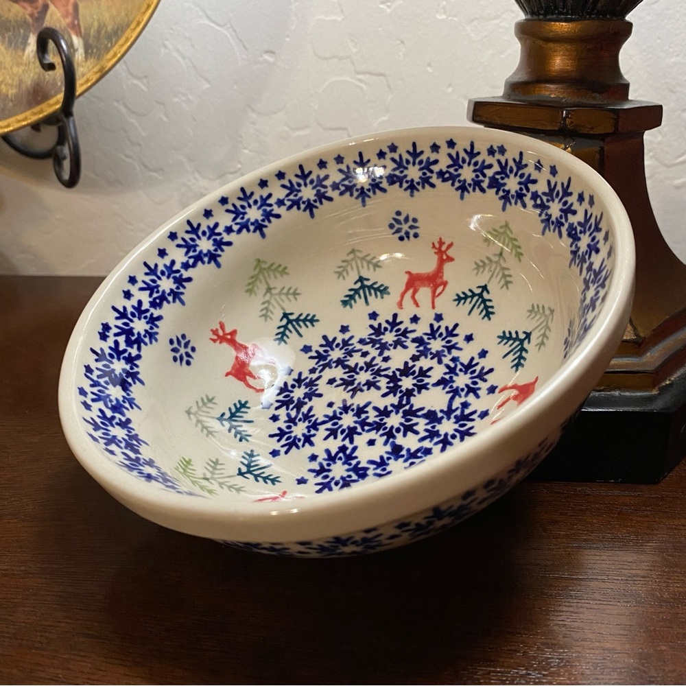 Boleslawiec Polish Pottery Christmas Reindeer Bowl Handmade marked G. Zdunek 200